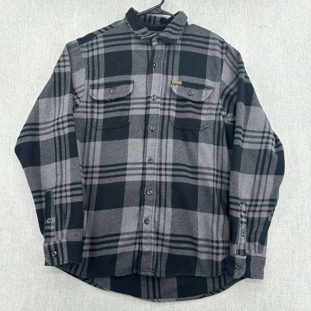 Orvis Button Up Shirt Jacket Mens Medium Black Gray Plaid Heavy Flannel